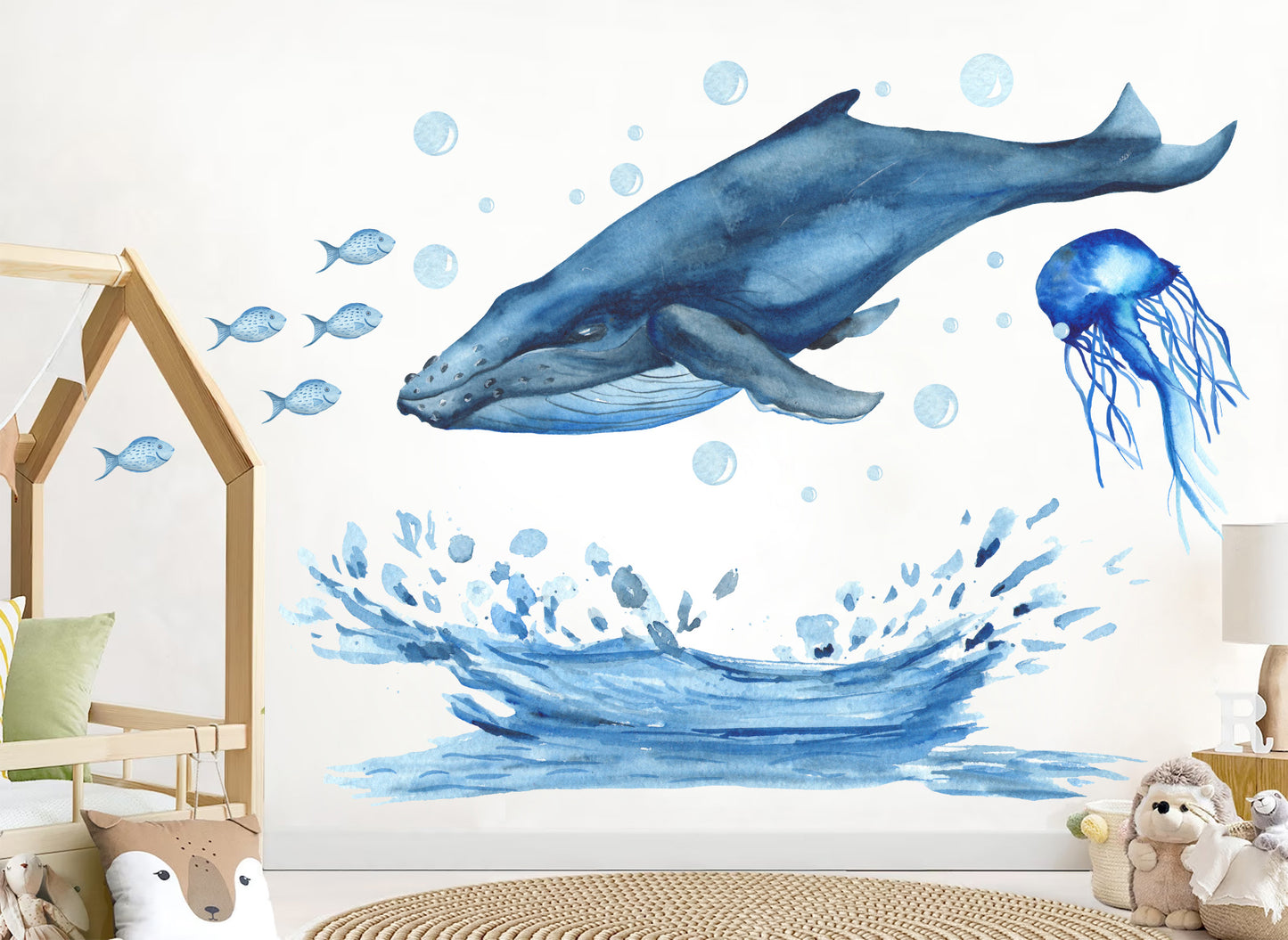 Humpback Whale with Blue Jellyfish and Fish Wall Decal - BR074