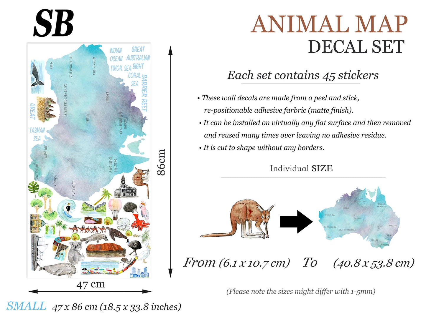 Australian Animals Plants Attraction Landmark Map Removable Wall Decal - BR240