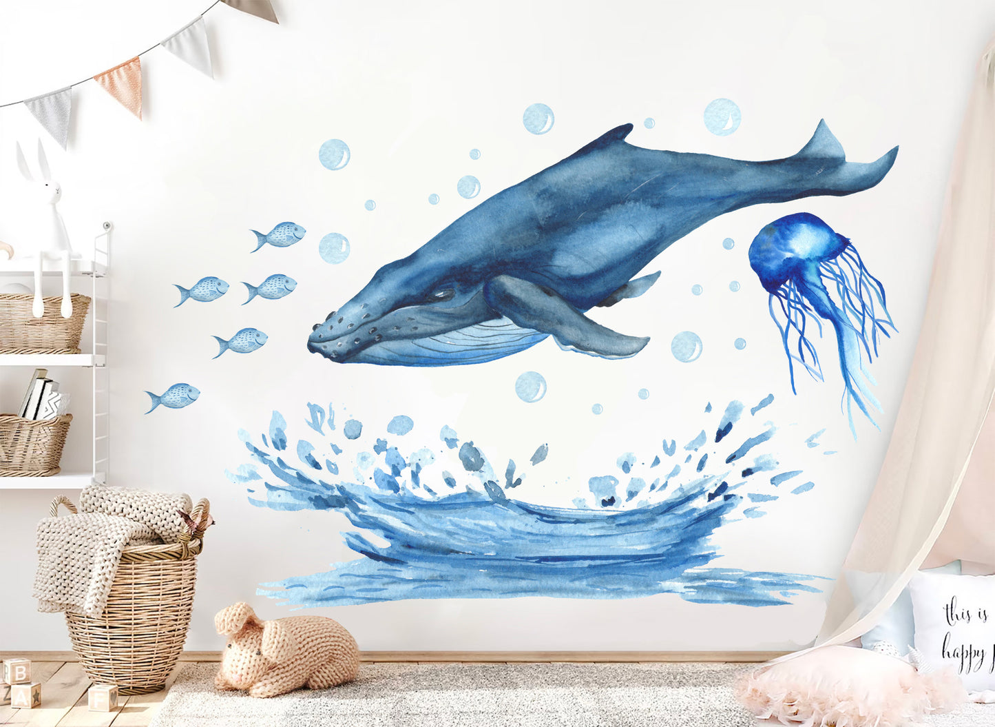 Humpback Whale with Blue Jellyfish and Fish Wall Decal - BR074