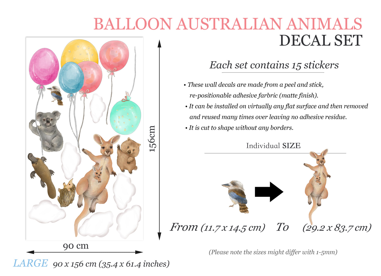 Australian Animals Flying with Balloon Kangaroo Koala Removable Nursery Wall Decal - BR489