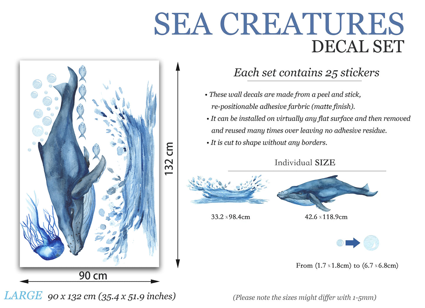 Humpback Whale with Blue Jellyfish and Fish Wall Decal - BR074