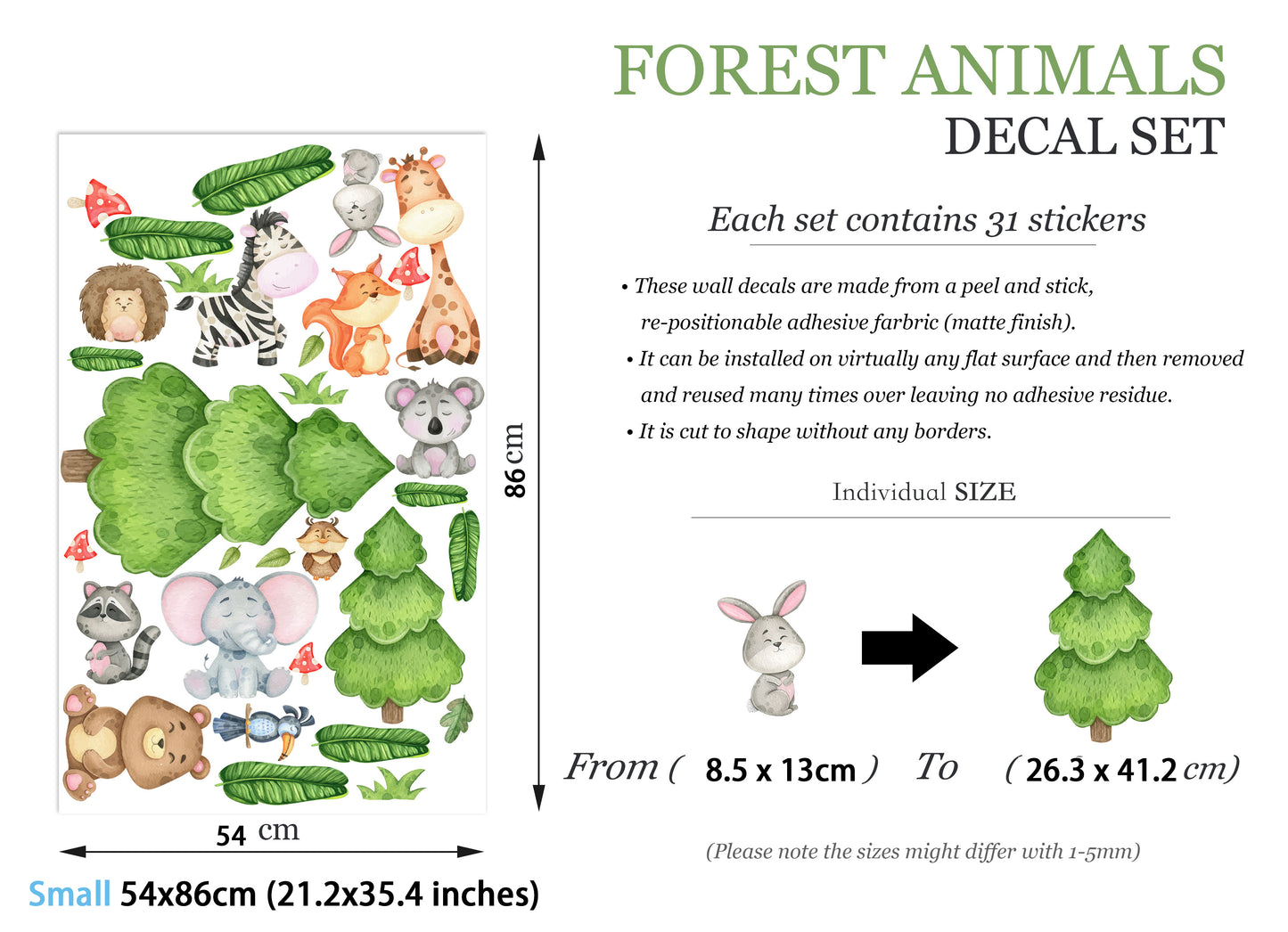 Forest Friends Baby Animals under Pine Wall Decal - Elephant Zebra Giraffe Racoon - BR234