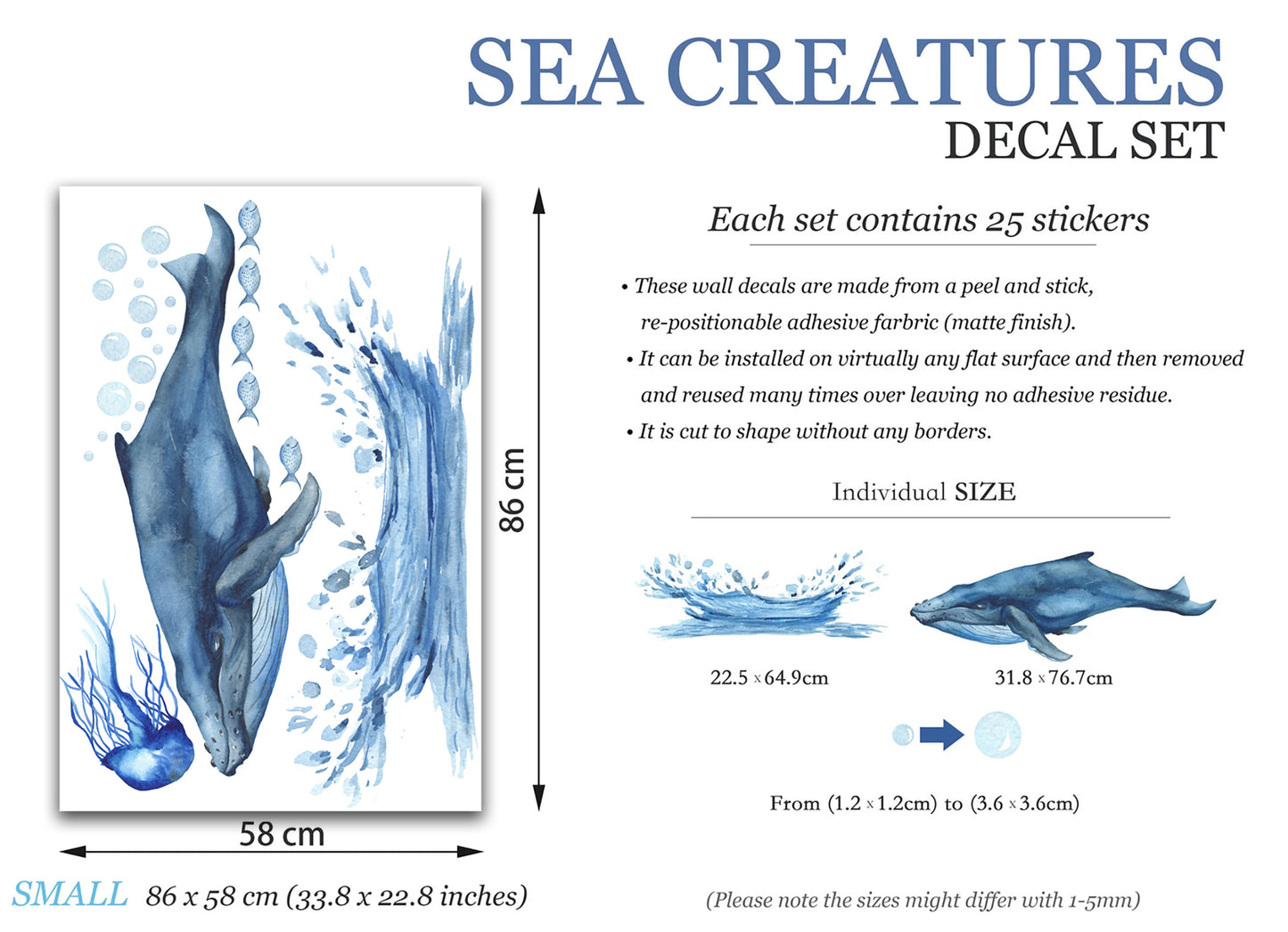 Humpback Whale with Blue Jellyfish and Fish Wall Decal - BR074
