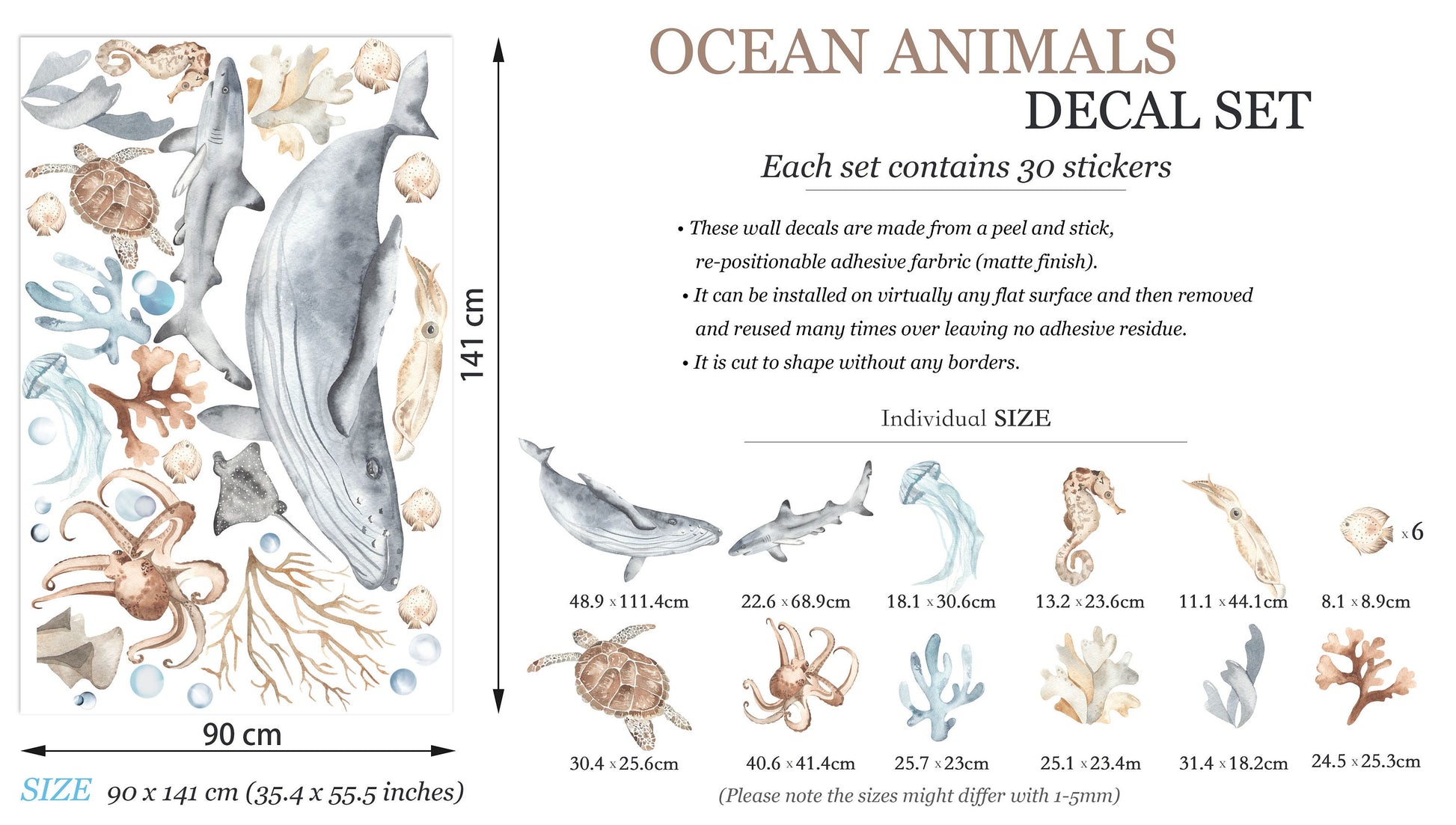 Small ocean life wall decal set dimensions illustration, featuring whale (71.7 cm), shark, jellyfish, turtle, octopus, coral, total size 90 x 58 cm, set contains 30 stickers.