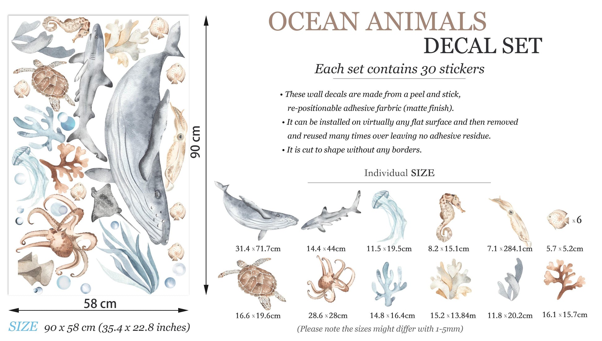 Large ocean animals wall decal set dimensions illustration, includes whale (111.4 cm), shark (68.9 cm), jellyfish, turtle, octopus, and coral, total size 90 x 141 cm, 30 stickers.