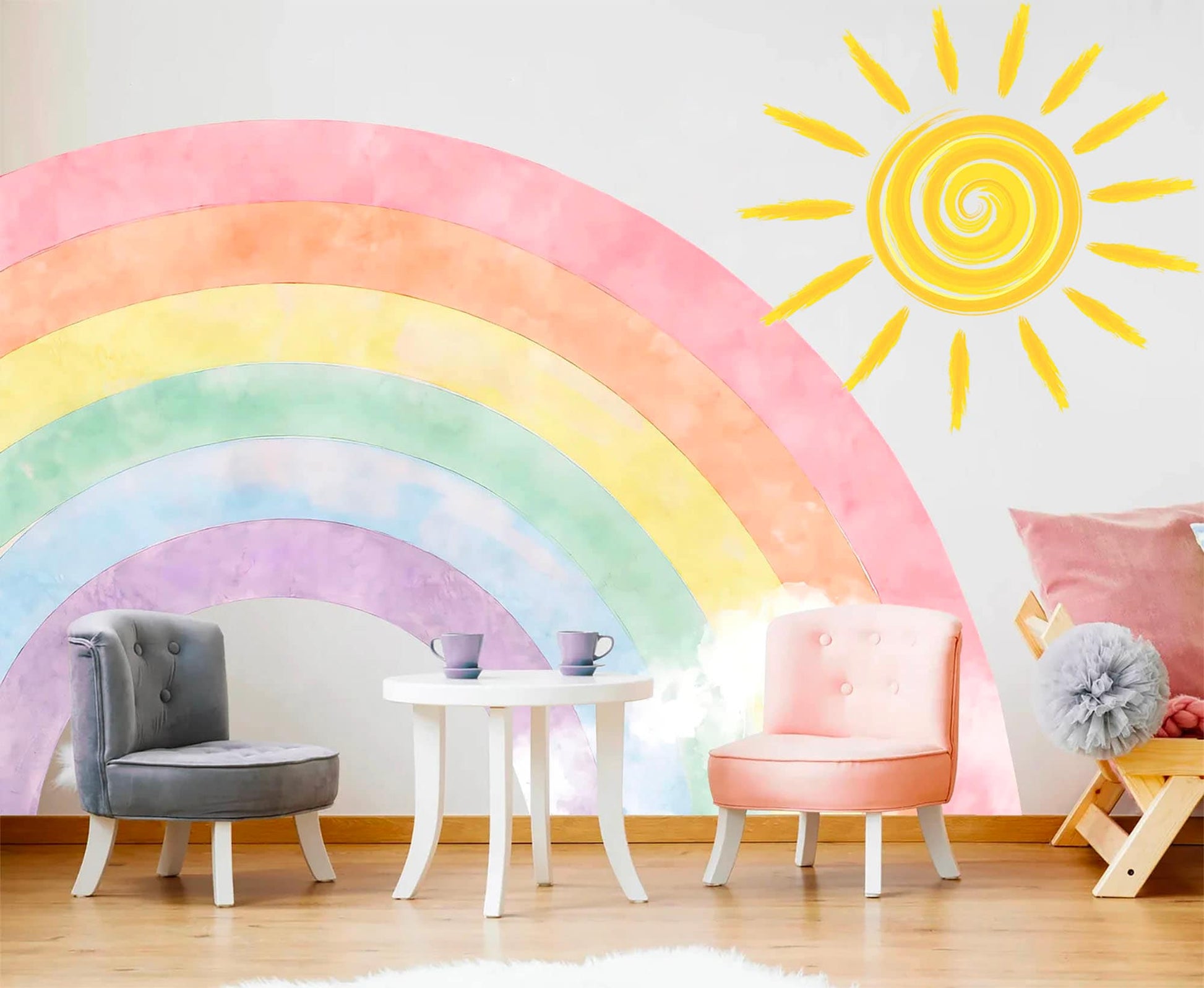 Radiant Rainbow Sun Wall Decal – Watercolor Style Girls' Room Decor - BR192