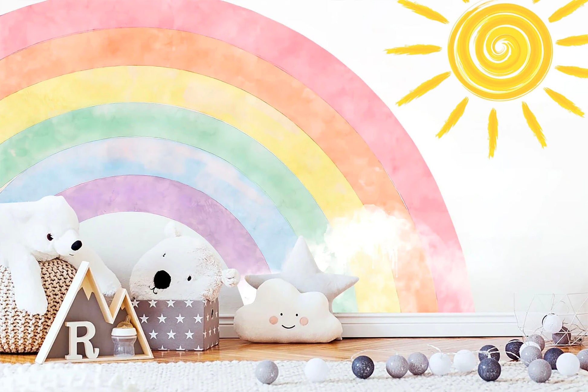 Radiant Rainbow Sun Wall Decal – Watercolor Style Girls' Room Decor - BR192