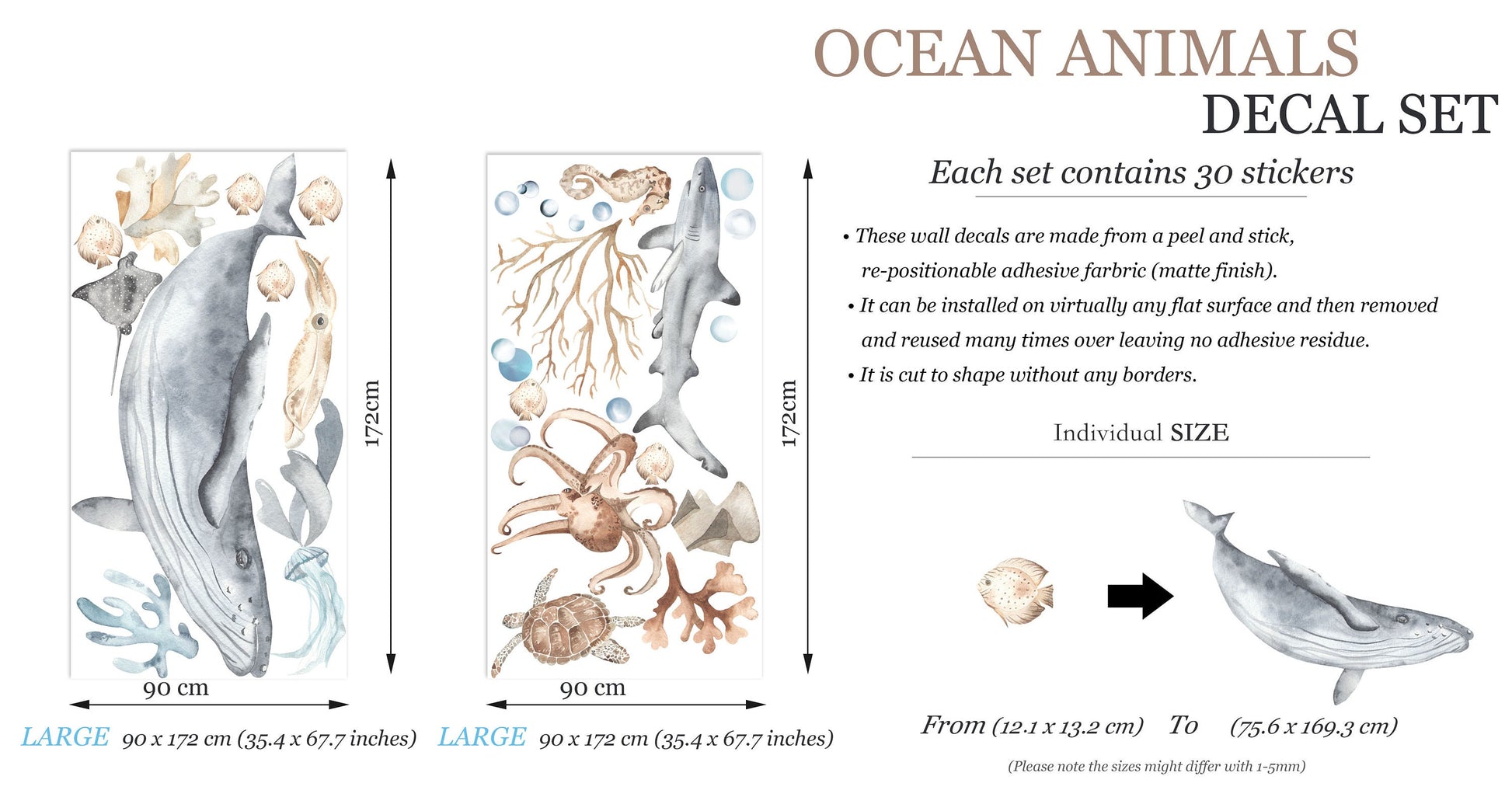 Extra-large ocean wall decal set dimensions illustration, two sheets each 90 x 172 cm, featuring whale, shark, stingray, jellyfish, turtle, octopus, and coral stickers, sizes up to 169.3 cm.