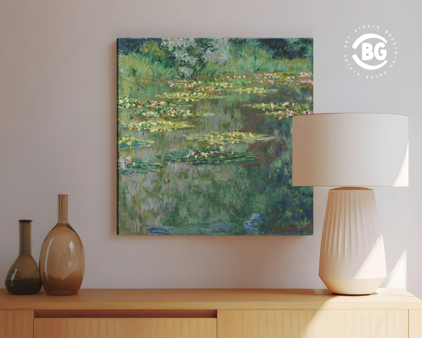 Claude Monet Classic Water Lilies Reproduction Framed Canvas - Multi sizes and floating frames available - Fine Art Living Room Decor