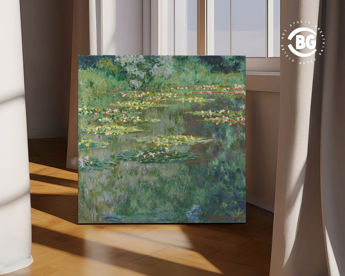 Claude Monet Classic Water Lilies Reproduction Framed Canvas - Multi sizes and floating frames available - Fine Art Living Room Decor