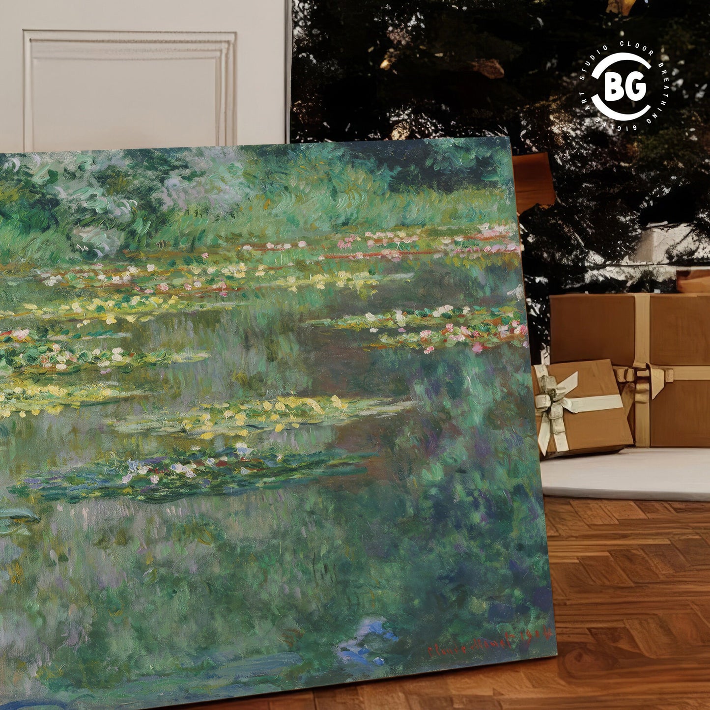 Claude Monet Classic Water Lilies Reproduction Framed Canvas - Multi sizes and floating frames available - Fine Art Living Room Decor