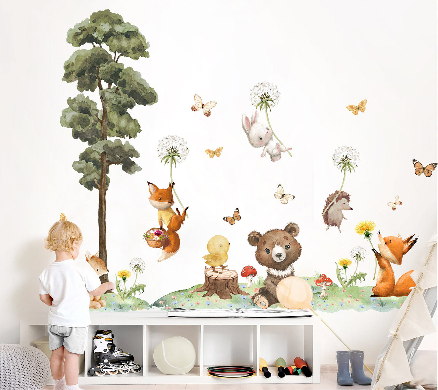 Dandelion Floating Animal Decal with Butterflies and Tree Wall Decal - Girl Room Decor - BR458