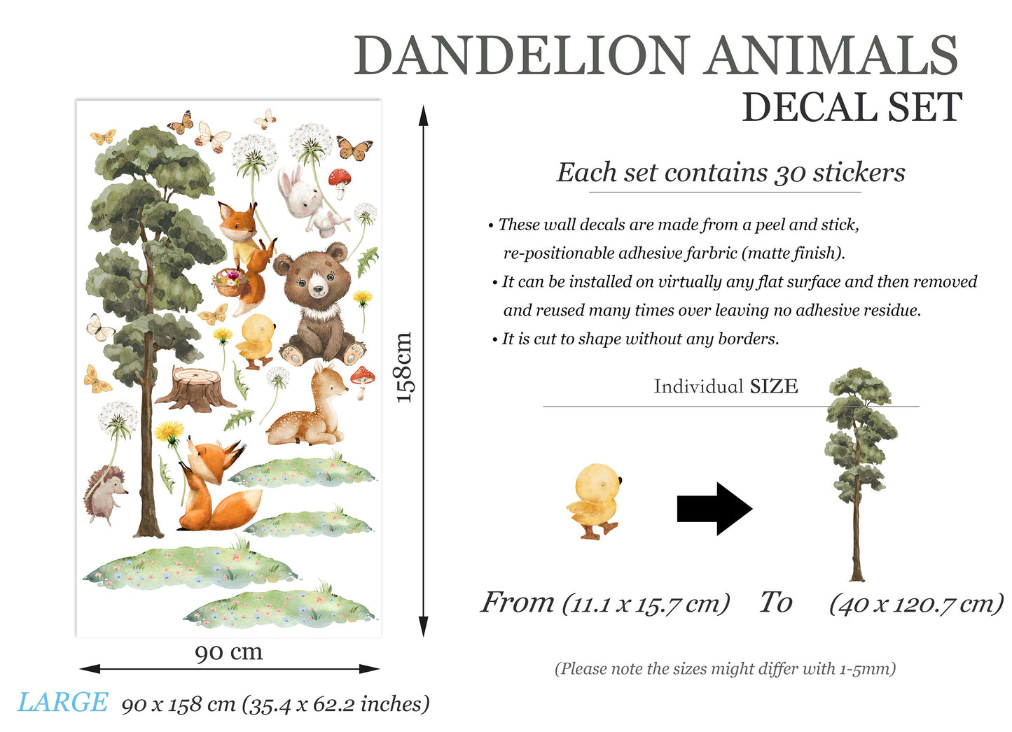 Dandelion Floating Animal Decal with Butterflies and Tree Wall Decal - Girl Room Decor - BR458