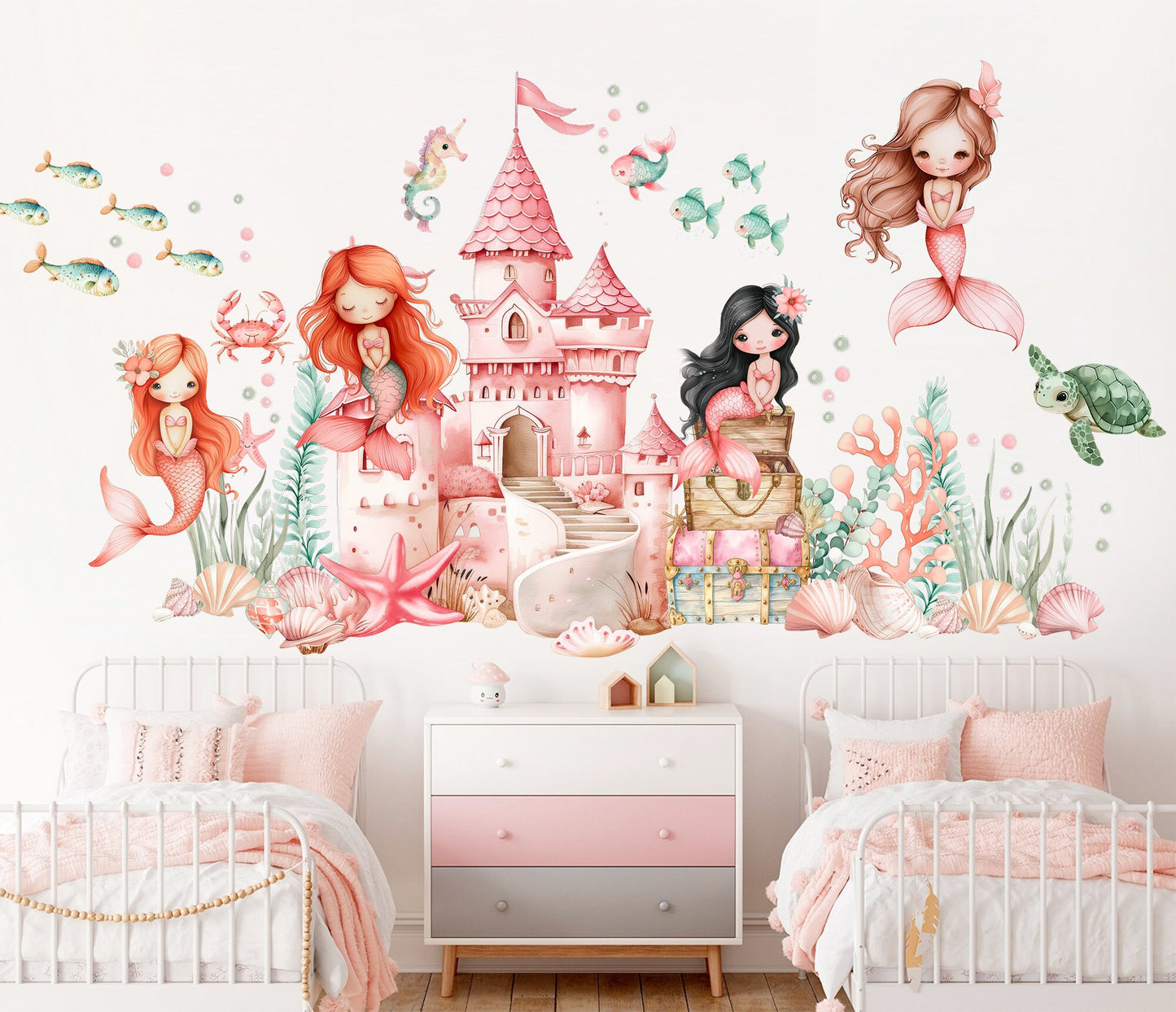 Watercolor Castle Mermaid Princess Wall Decal - Girls' Room Decor - BR461