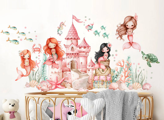 Watercolor Castle Mermaid Princess Wall Decal - Girls' Room Decor - BR461