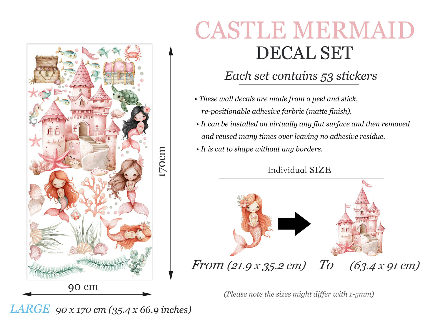 Watercolor Castle Mermaid Princess Wall Decal - Girls' Room Decor - BR461