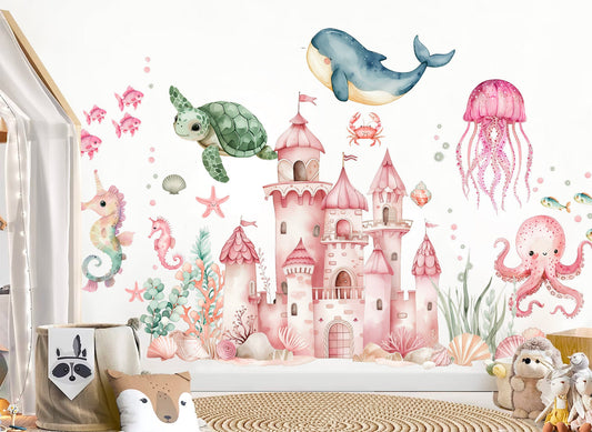 Undersea Castle Marine Life Whale Sea Turtle Squid Sea Horse Octopus Wall Decal - BR463
