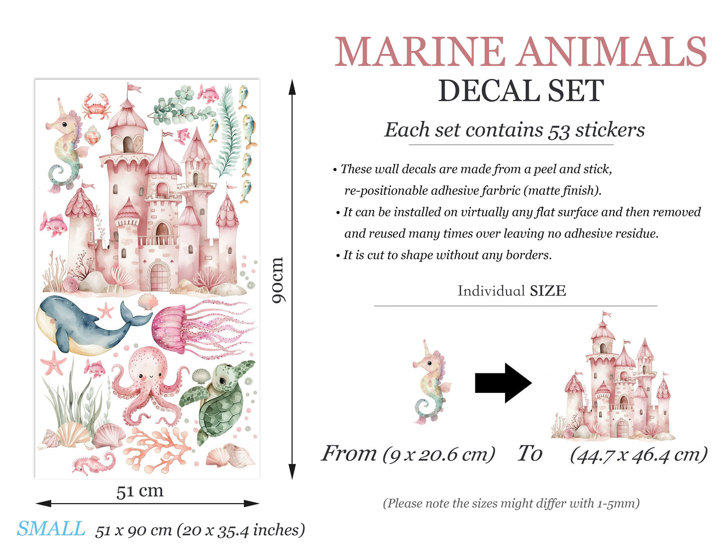 Undersea Castle Marine Life Whale Sea Turtle Squid Sea Horse Octopus Wall Decal - BR463