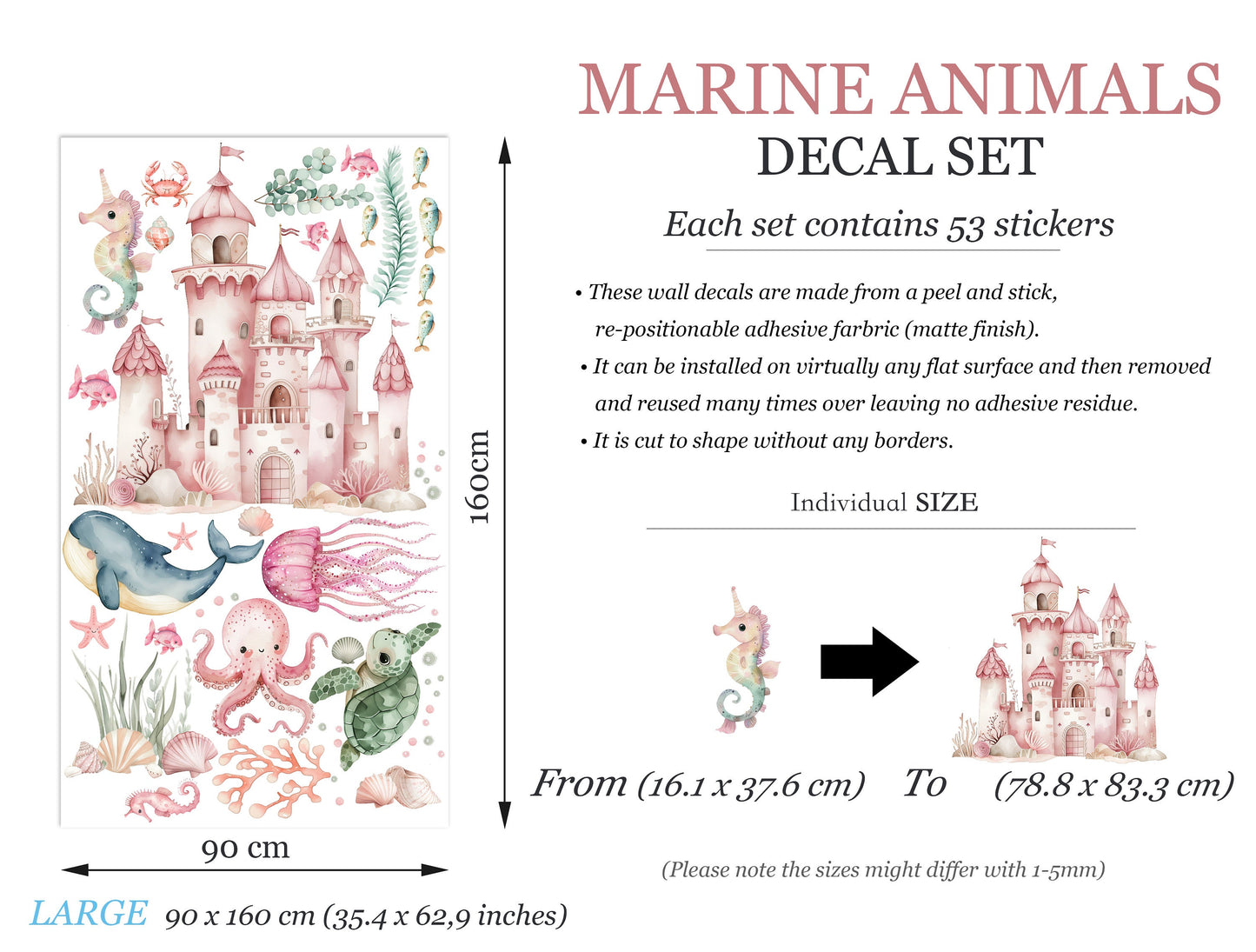 Undersea Castle Marine Life Whale Sea Turtle Squid Sea Horse Octopus Wall Decal - BR463