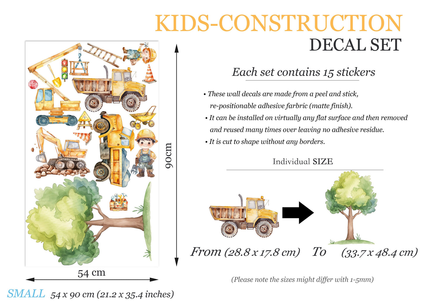 Construction Site Vehicle Trucks Bulldozer Tractors Diggers Removable Wall Decal - Boys Room Gift - BR459