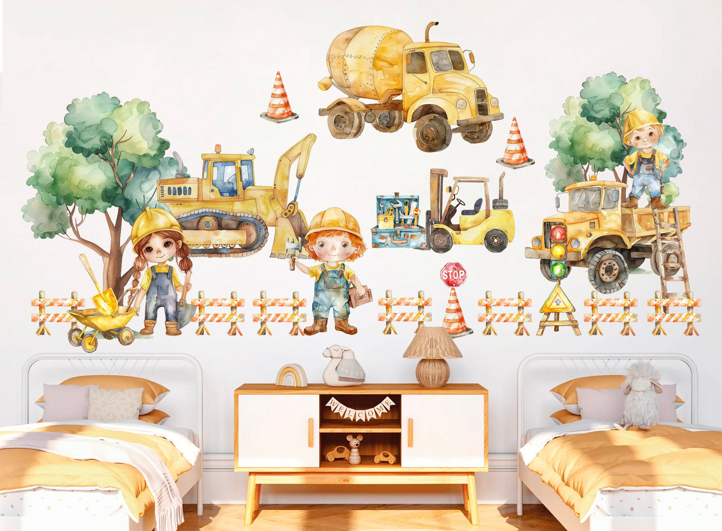 Construction Site Vehicle Bulldozer Mixer Crane Fence Removable Wall Decal - Boys Room Gift - BR465