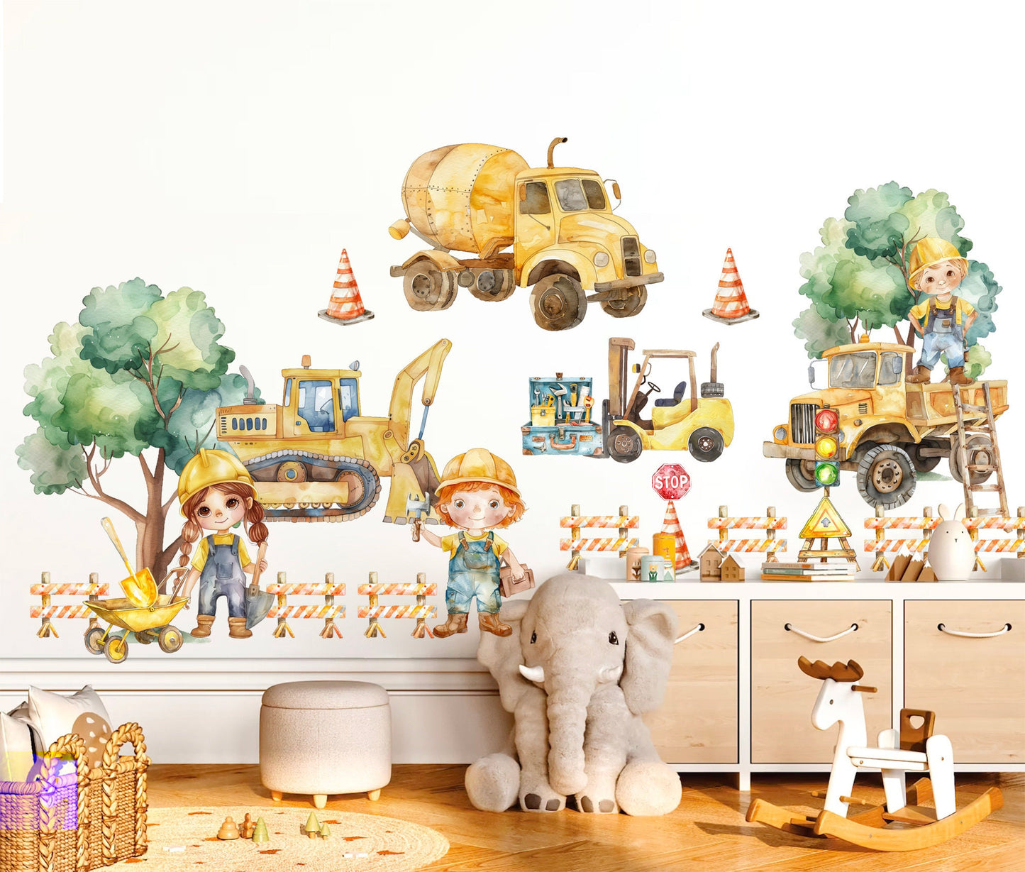 Construction Site Vehicle Bulldozer Mixer Crane Fence Removable Wall Decal - Boys Room Gift - BR465