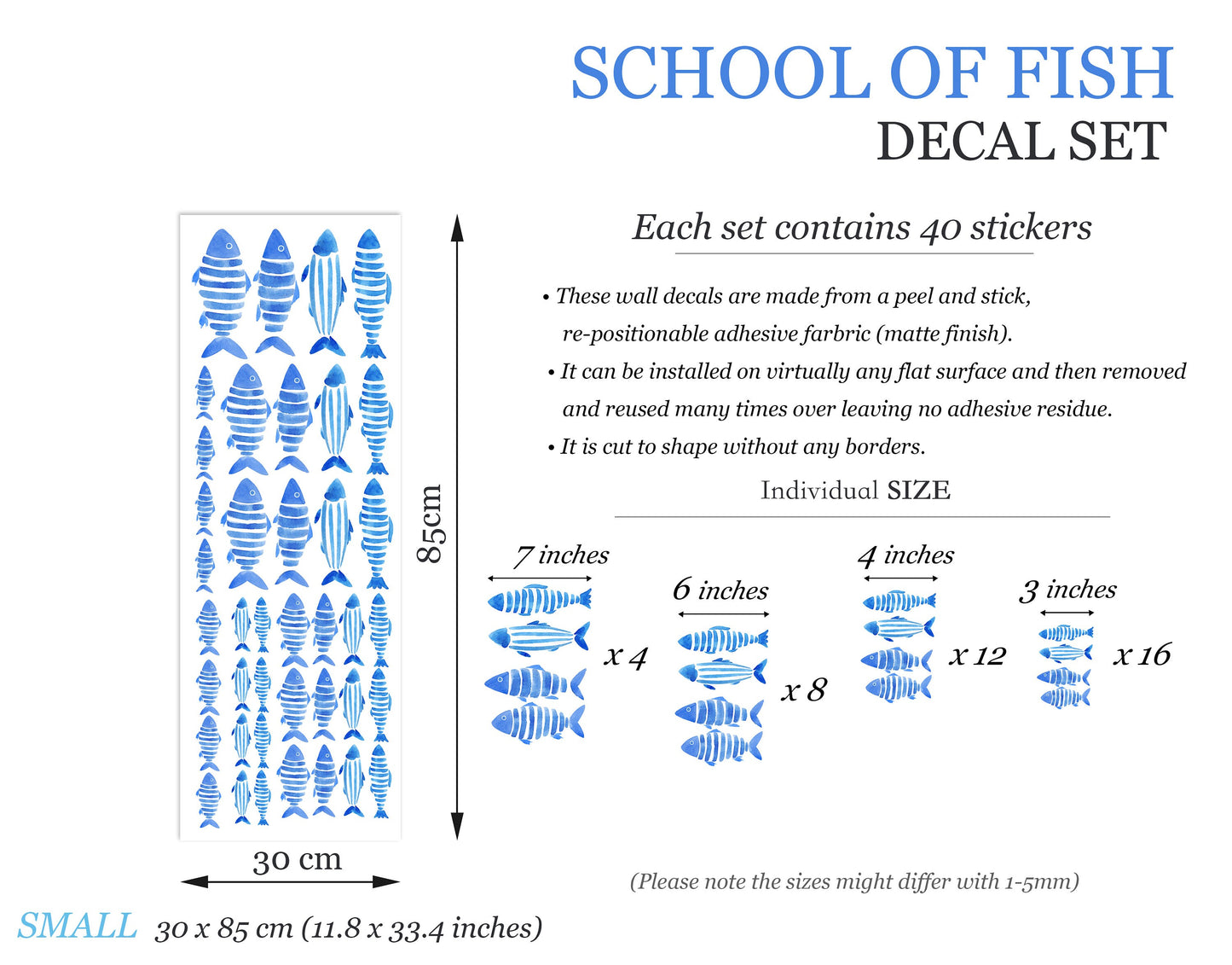 Watercolour School of Fish Kids Room Decal Wall Stickers - Peel & Stick, Removable - BR471
