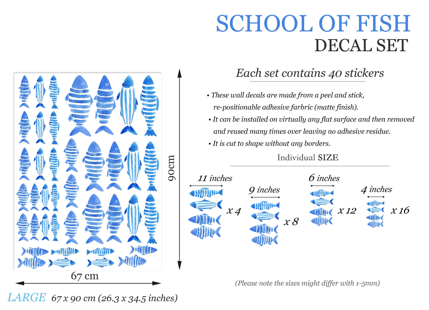 Watercolour School of Fish Kids Room Decal Wall Stickers - Peel & Stick, Removable - BR471