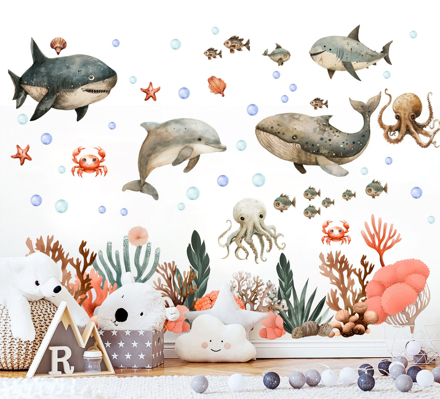 Watercolor Ocean Animals Whale Dolphin Octopus Wall Decal for Kids and Nursery - Peel and stick- BR470