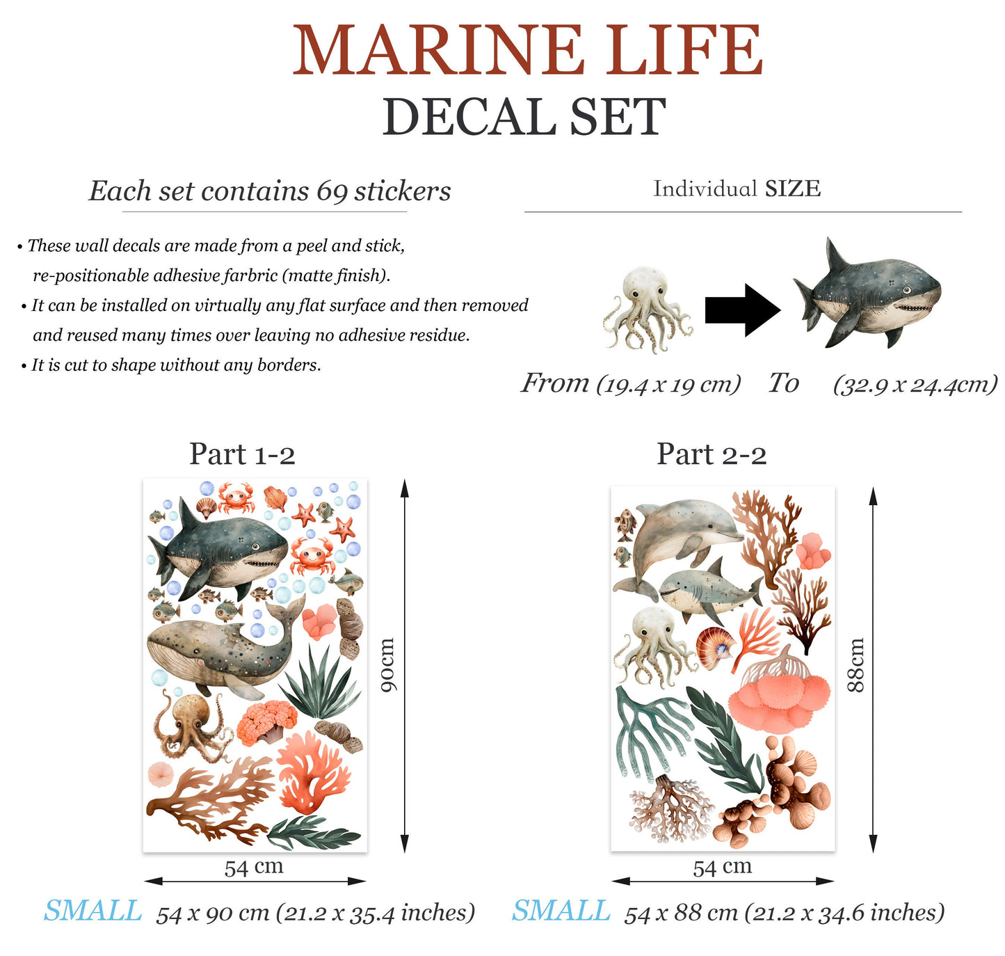 Watercolor Ocean Animals Whale Dolphin Octopus Wall Decal for Kids and Nursery - Peel and stick- BR470