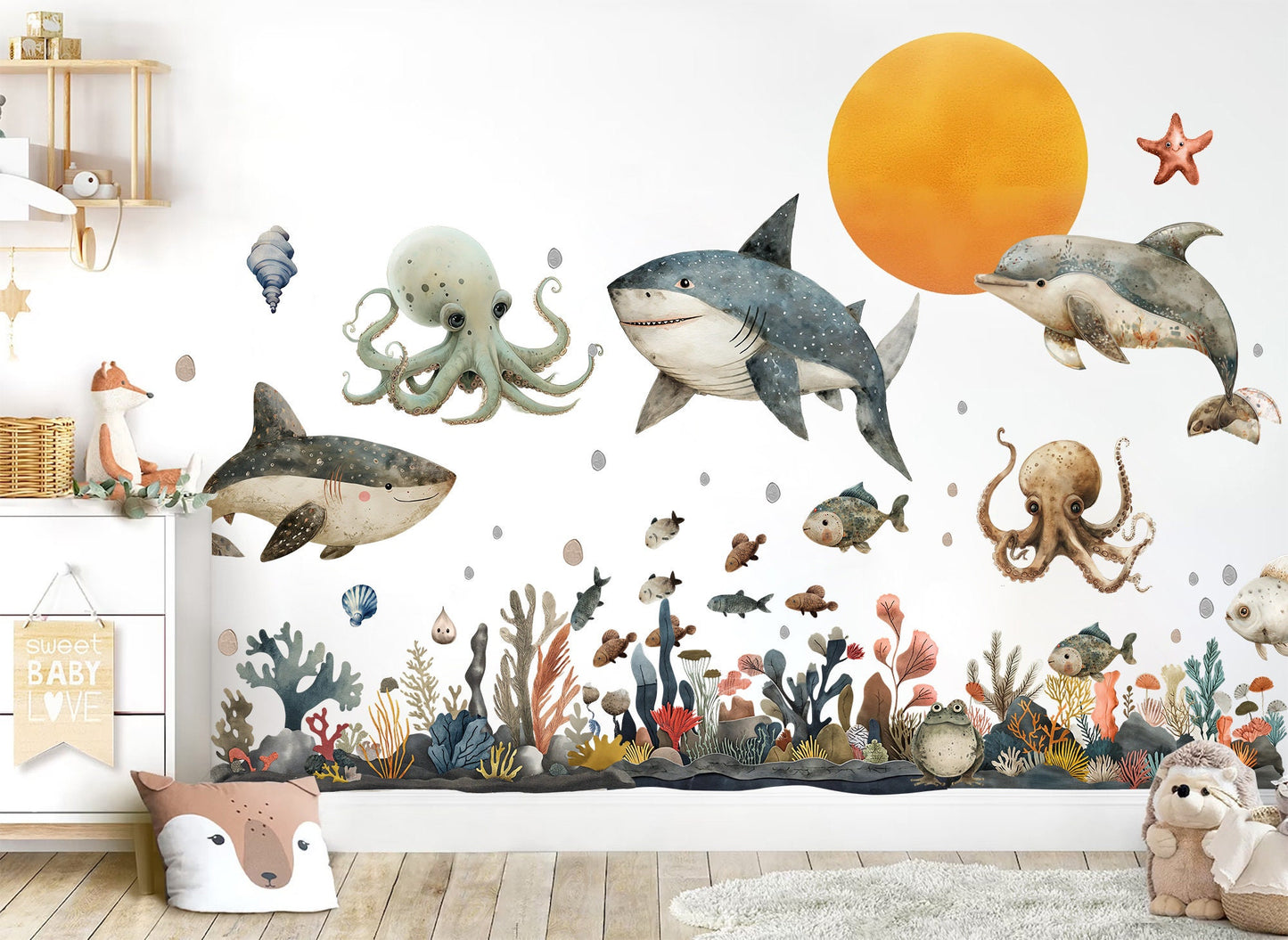 Undersea Animal Whale Sharks School of Fish for kids Room Decal Stickers - BR469