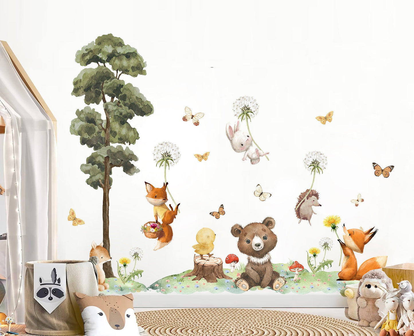Dandelion Floating Animal Decal with Butterflies and Tree Wall Decal - Girl Room Decor - BR458