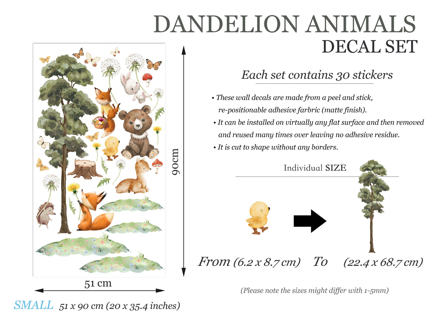 Dandelion Floating Animal Decal with Butterflies and Tree Wall Decal - Girl Room Decor - BR458