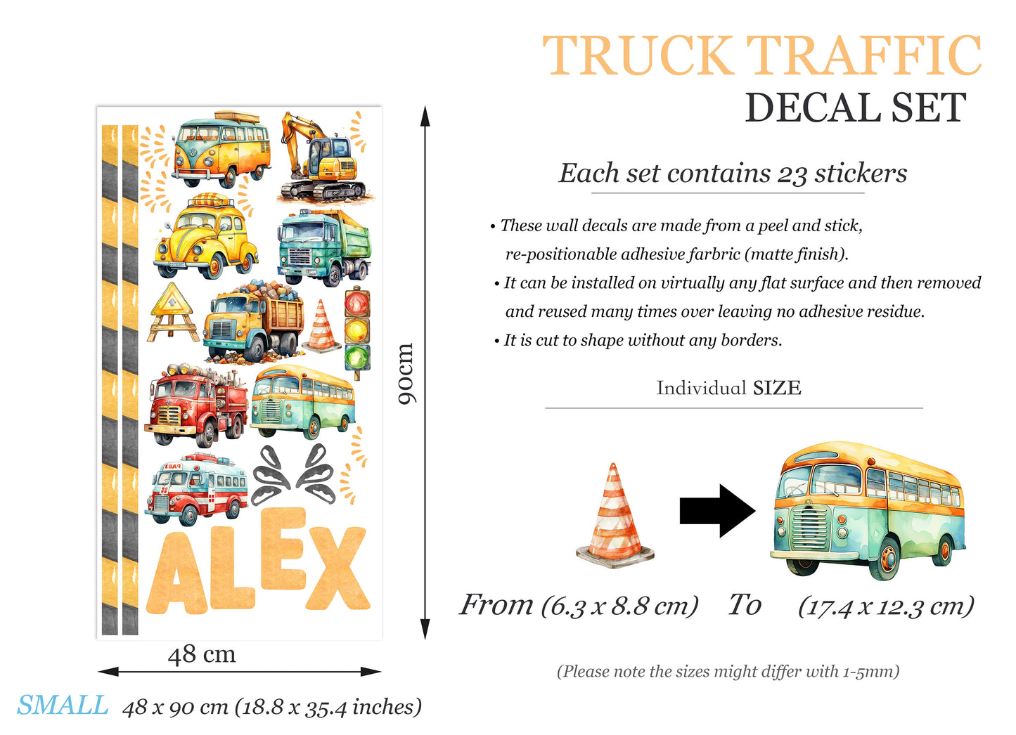 Personalized Watercolor Vehicle Decal Stickers for boys Removable Wall Decal - Boys Room Gift - BR474
