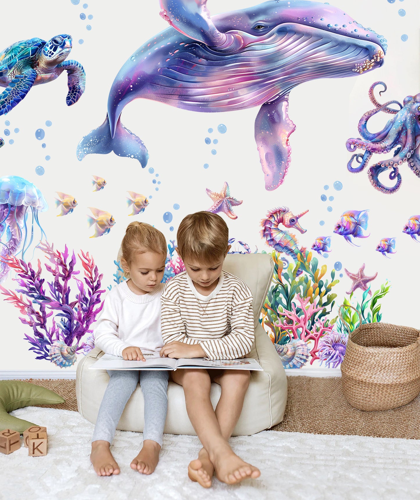 Underwater World Animal Decal with Whale,Octopus, Sea Turtle Wall Decal - Removable Peel and Stick - BR475