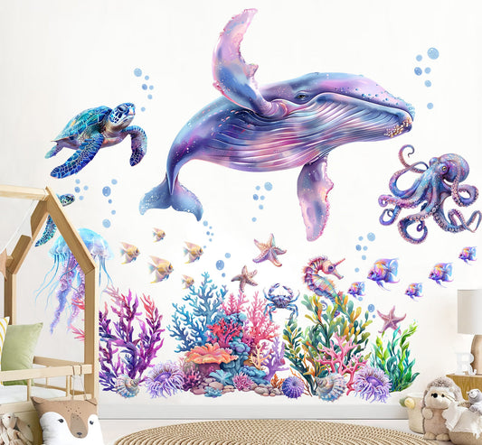Underwater World Animal Decal with Whale,Octopus, Sea Turtle Wall Decal - Removable Peel and Stick - BR475