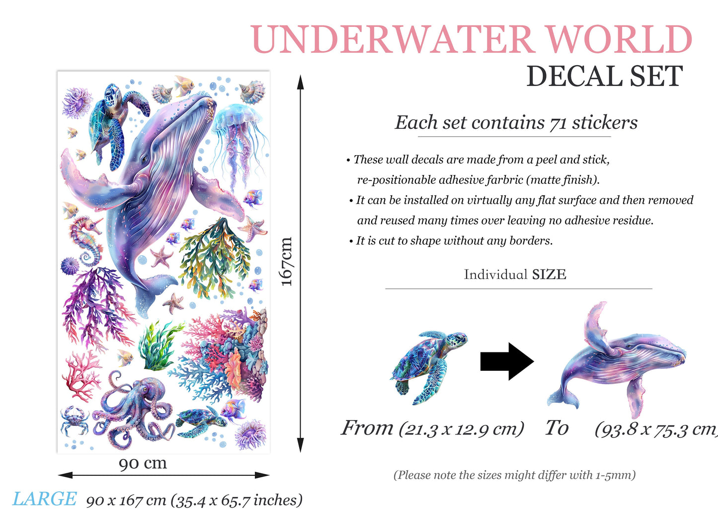 Underwater World Animal Decal with Whale,Octopus, Sea Turtle Wall Decal - Removable Peel and Stick - BR475