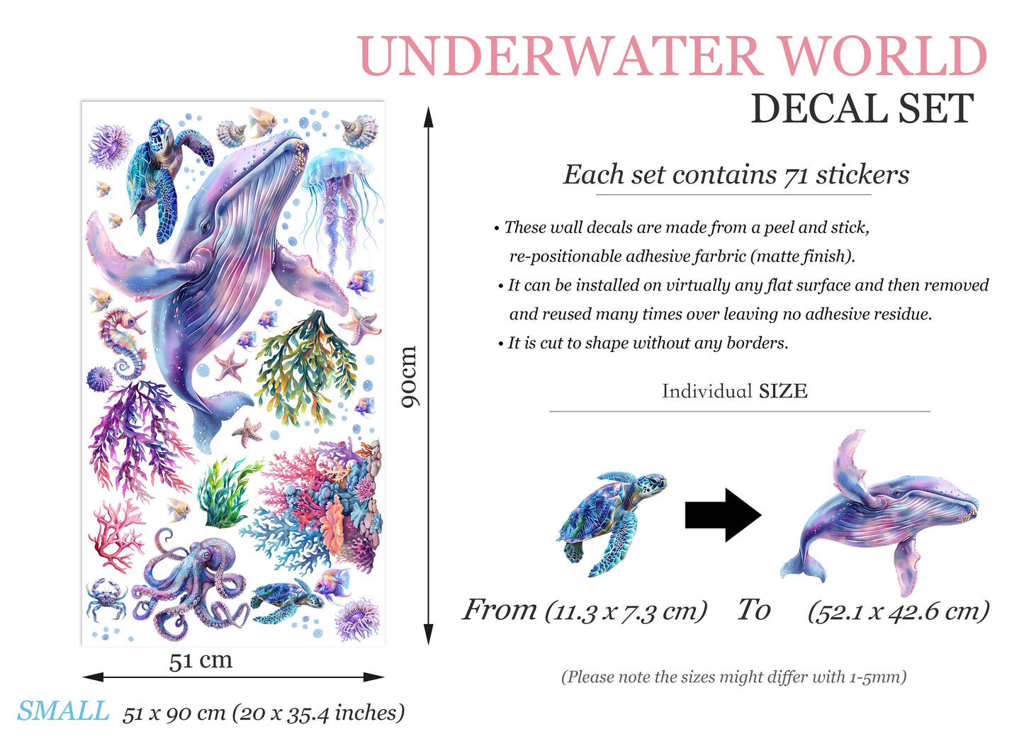 Underwater World Animal Decal with Whale,Octopus, Sea Turtle Wall Decal - Removable Peel and Stick - BR475