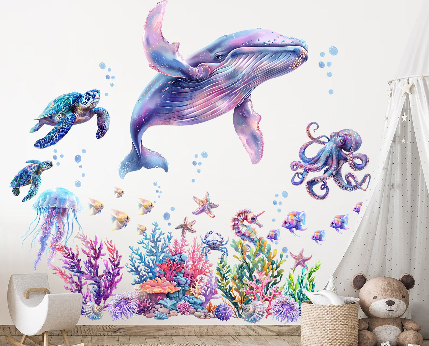 Underwater World Animal Decal with Whale,Octopus, Sea Turtle Wall Decal - Removable Peel and Stick - BR475