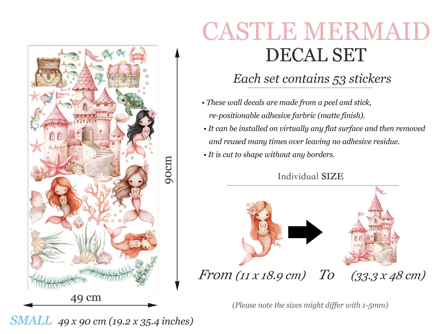 Watercolor Castle Mermaid Princess Wall Decal - Girls' Room Decor - BR461