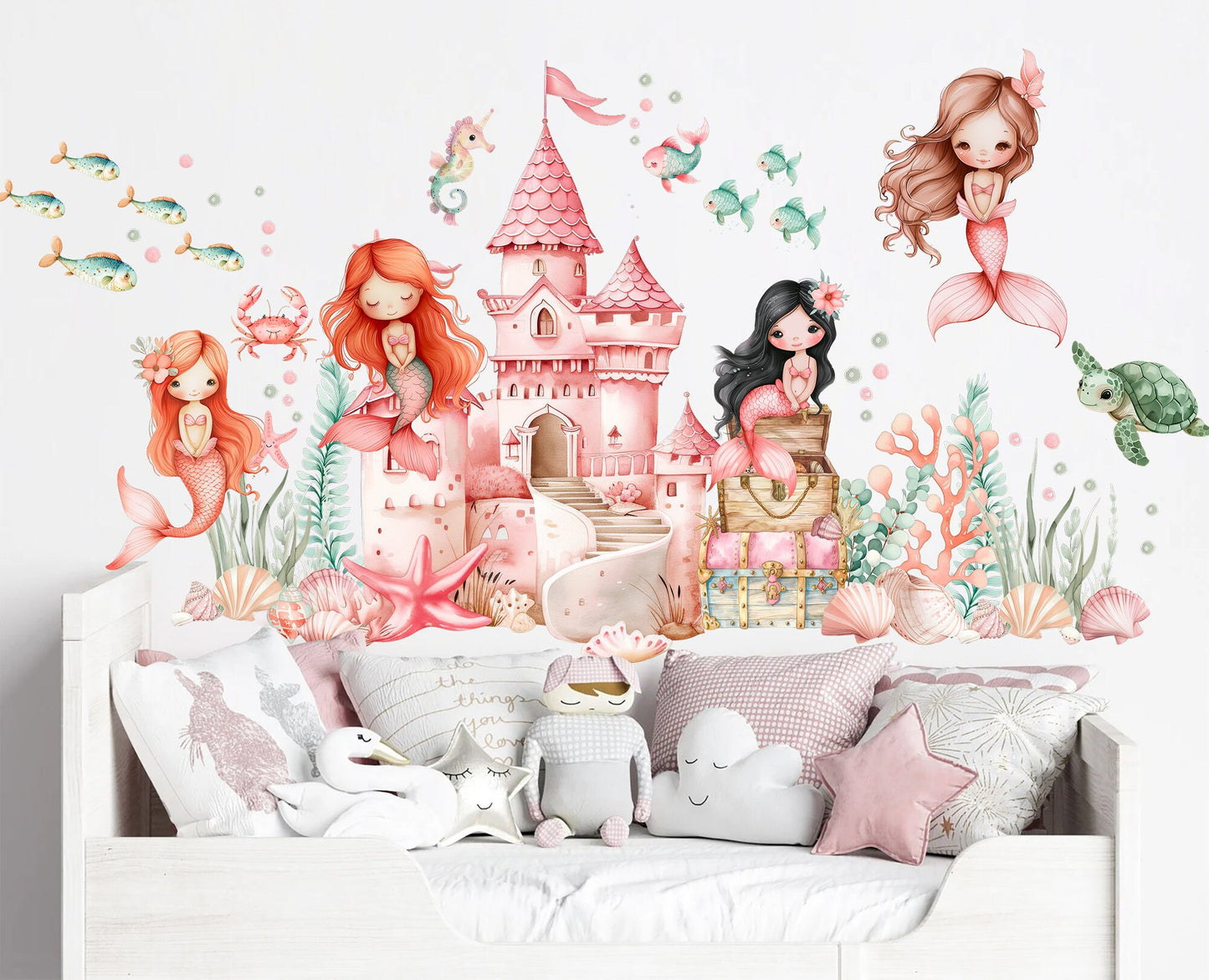 Watercolor Castle Mermaid Princess Wall Decal - Girls' Room Decor - BR461