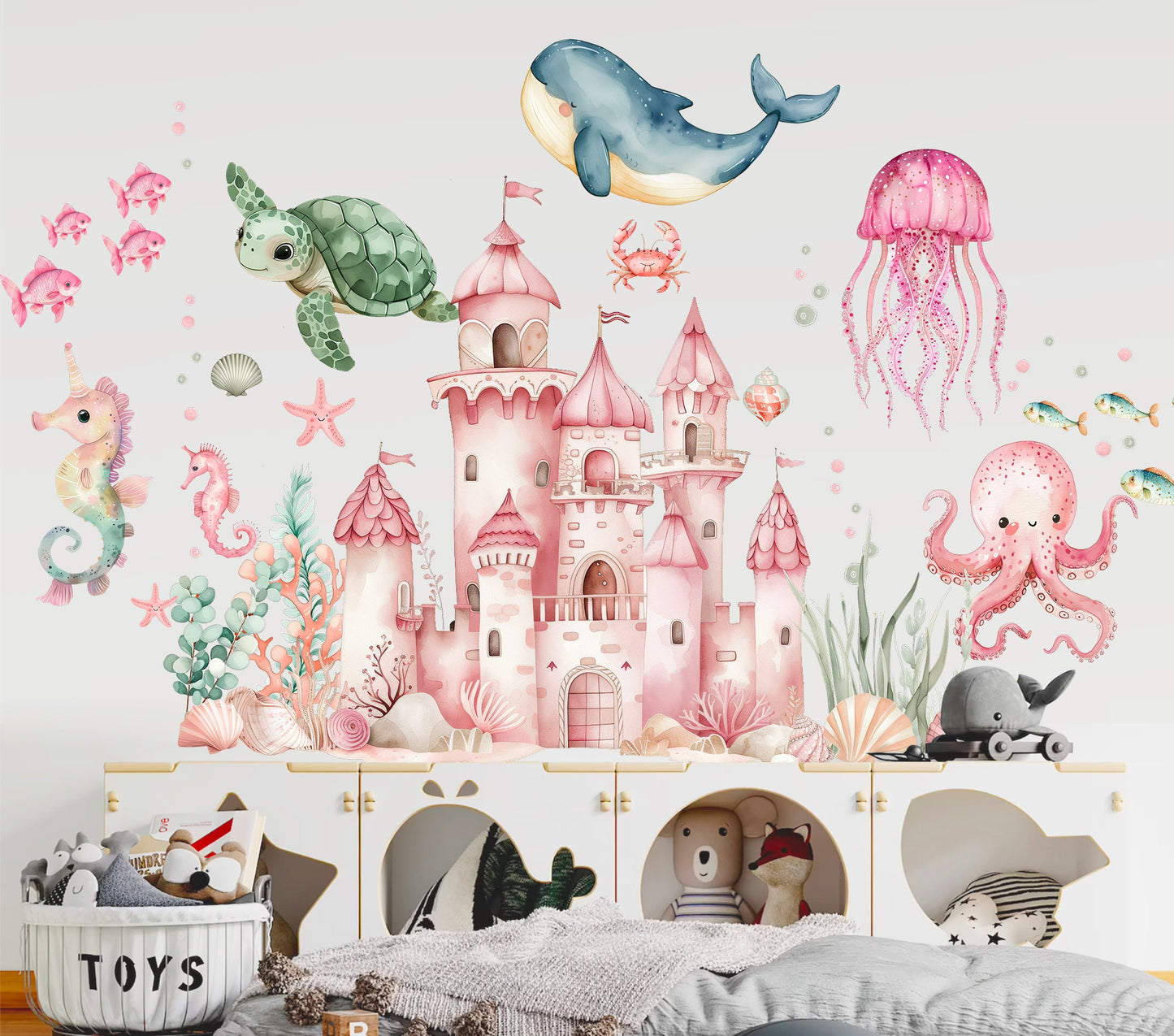 Undersea Castle Marine Life Whale Sea Turtle Squid Sea Horse Octopus Wall Decal - BR463