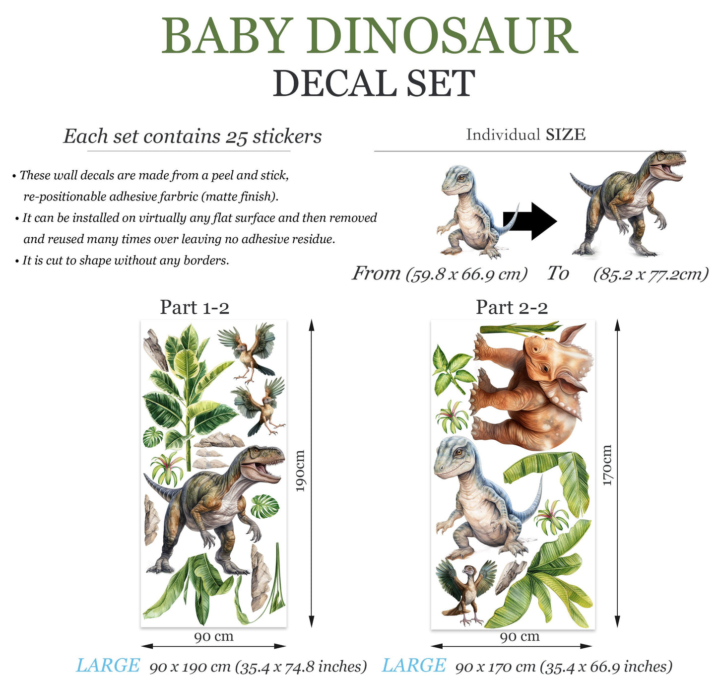 Jurassic Jungle Baby Dinosaur Decal Stickers -Removable Peel and Stick - BR464