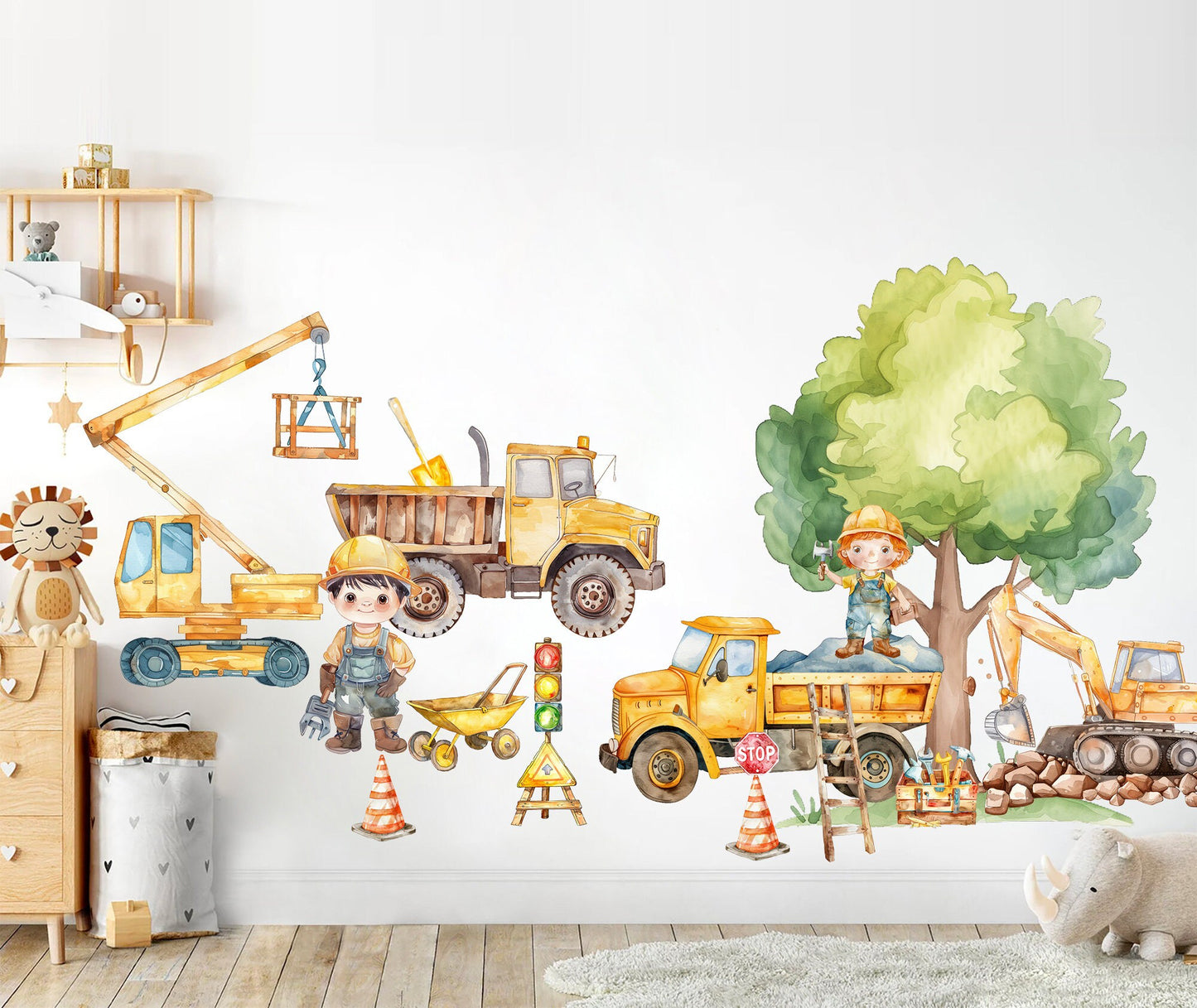 Construction Site Vehicle Trucks Bulldozer Tractors Diggers Removable Wall Decal - Boys Room Gift - BR459