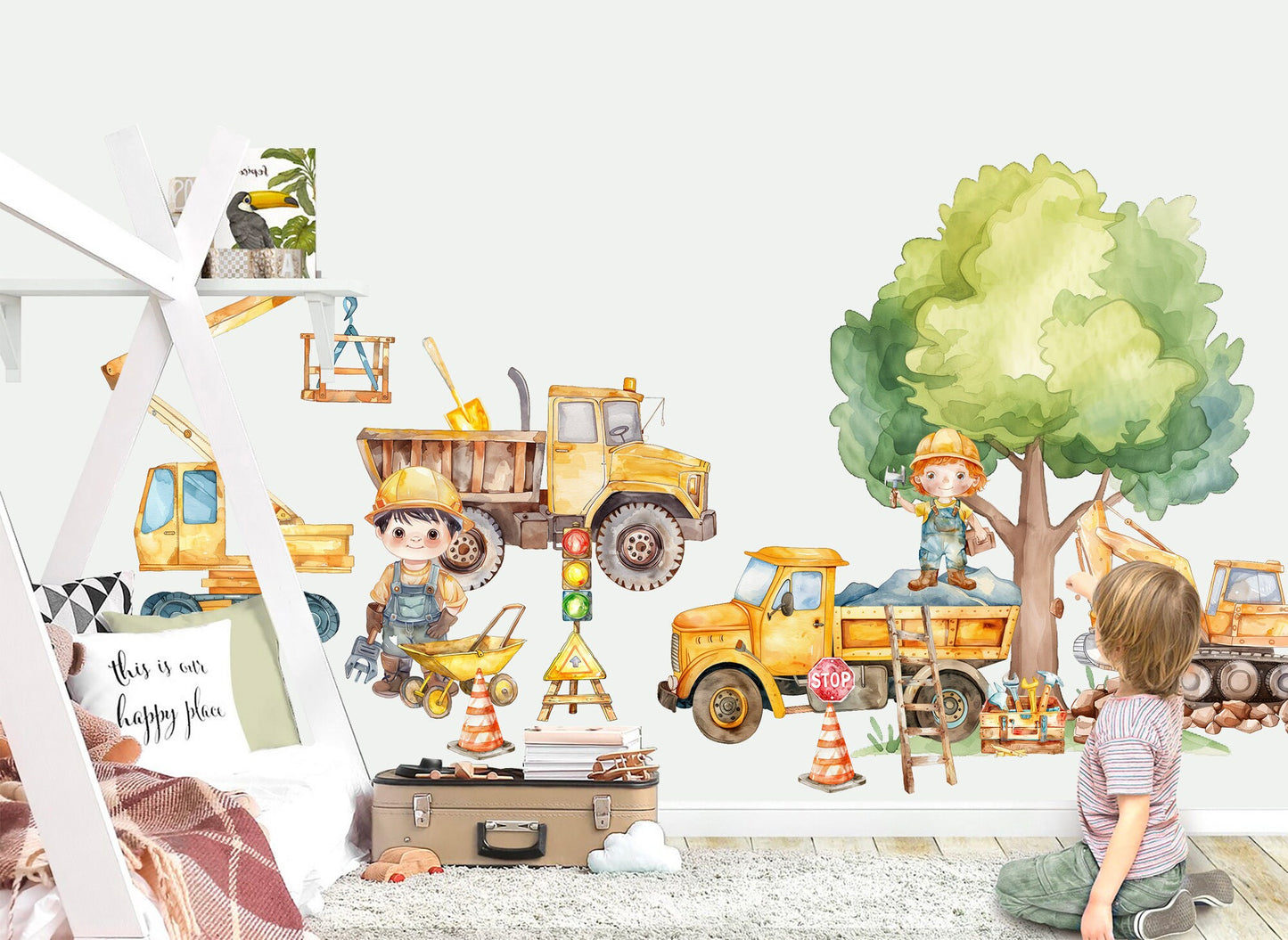 Construction Site Vehicle Trucks Bulldozer Tractors Diggers Removable Wall Decal - Boys Room Gift - BR459