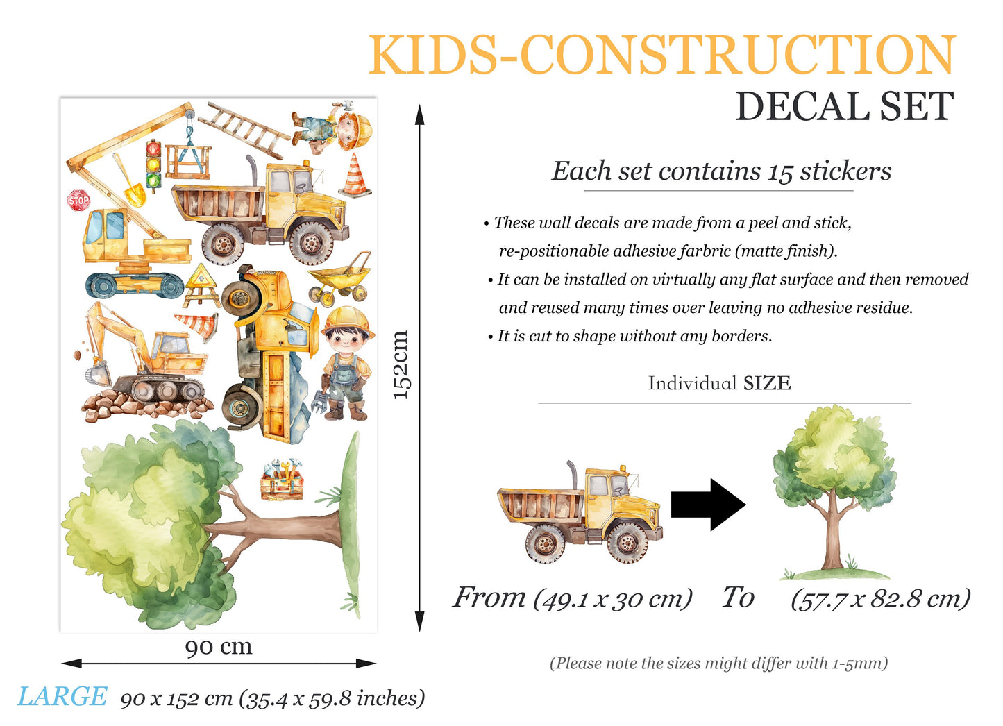 Construction Site Vehicle Trucks Bulldozer Tractors Diggers Removable Wall Decal - Boys Room Gift - BR459