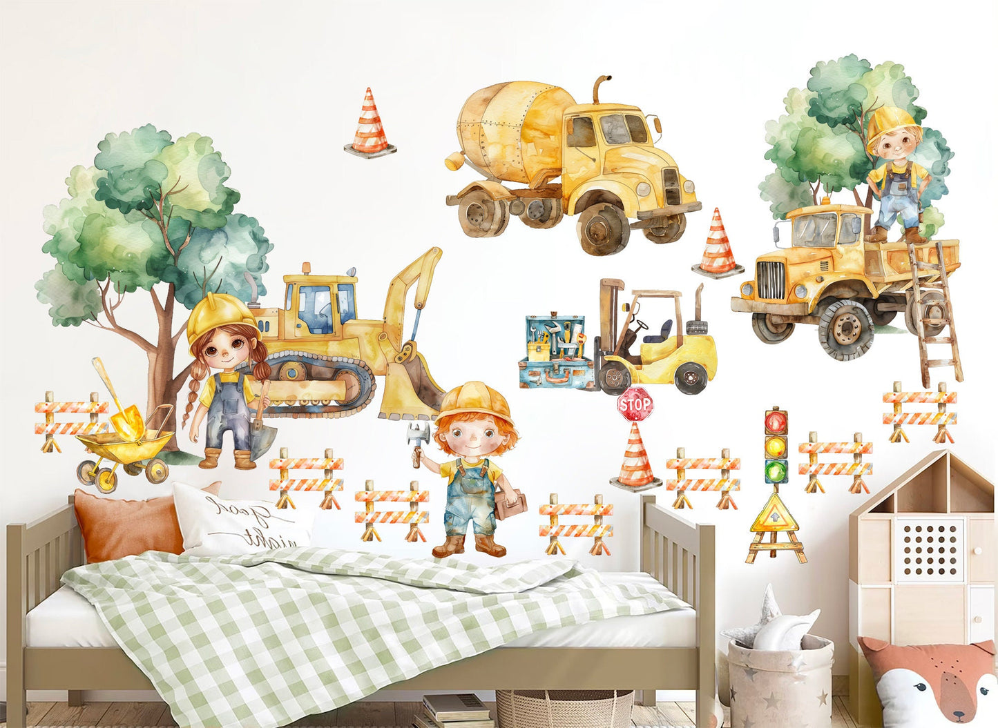 Construction Site Vehicle Bulldozer Mixer Crane Fence Removable Wall Decal - Boys Room Gift - BR465
