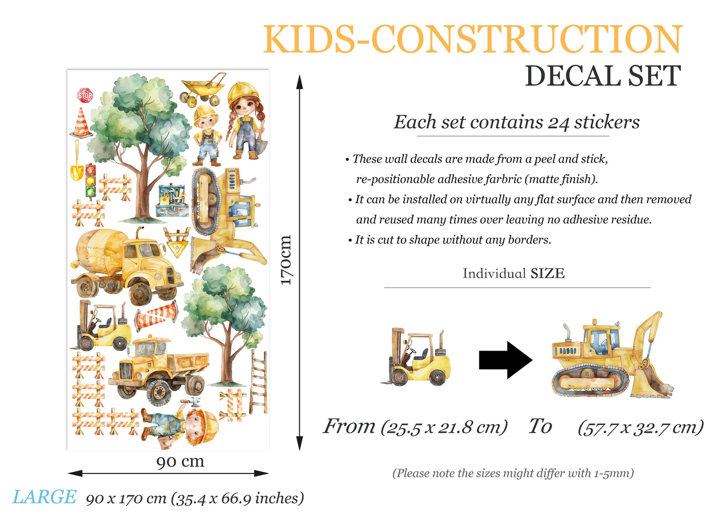 Construction Site Vehicle Bulldozer Mixer Crane Fence Removable Wall Decal - Boys Room Gift - BR465