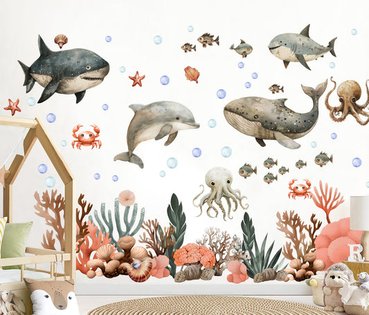 Watercolor Ocean Animals Whale Dolphin Octopus Wall Decal for Kids and Nursery - Peel and stick- BR470