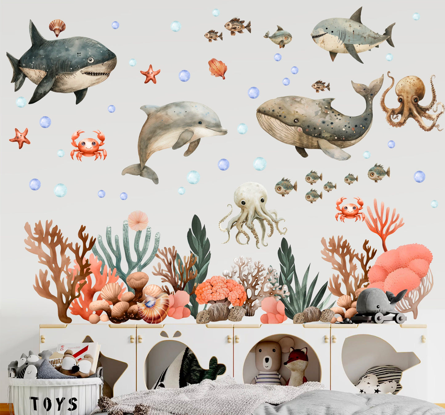 Watercolor Ocean Animals Whale Dolphin Octopus Wall Decal for Kids and Nursery - Peel and stick- BR470